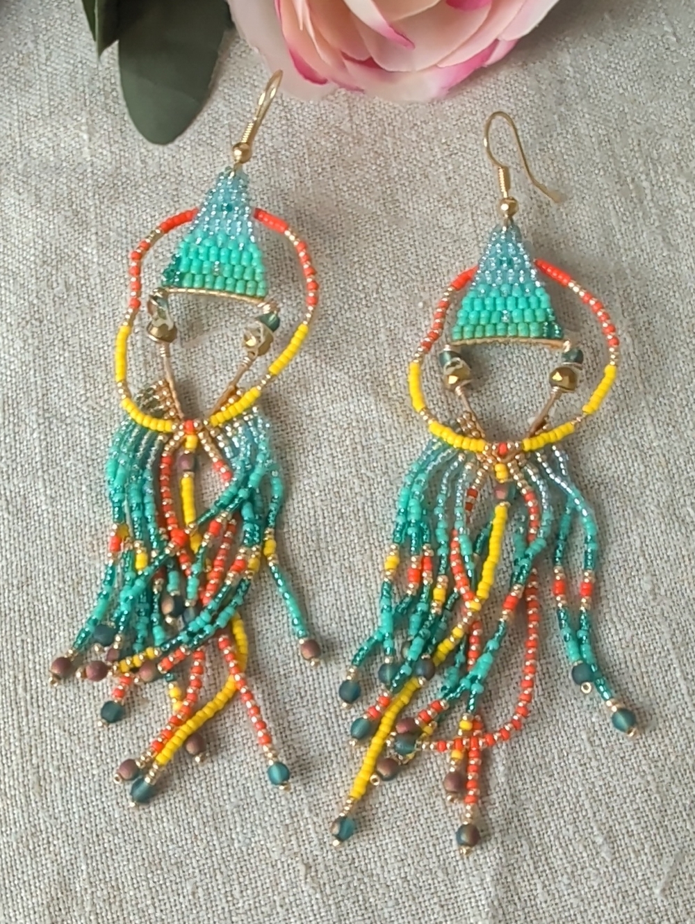 Artisan Beaded Fringe Statement Earrings Southwestern Boho Festival Seed Bead